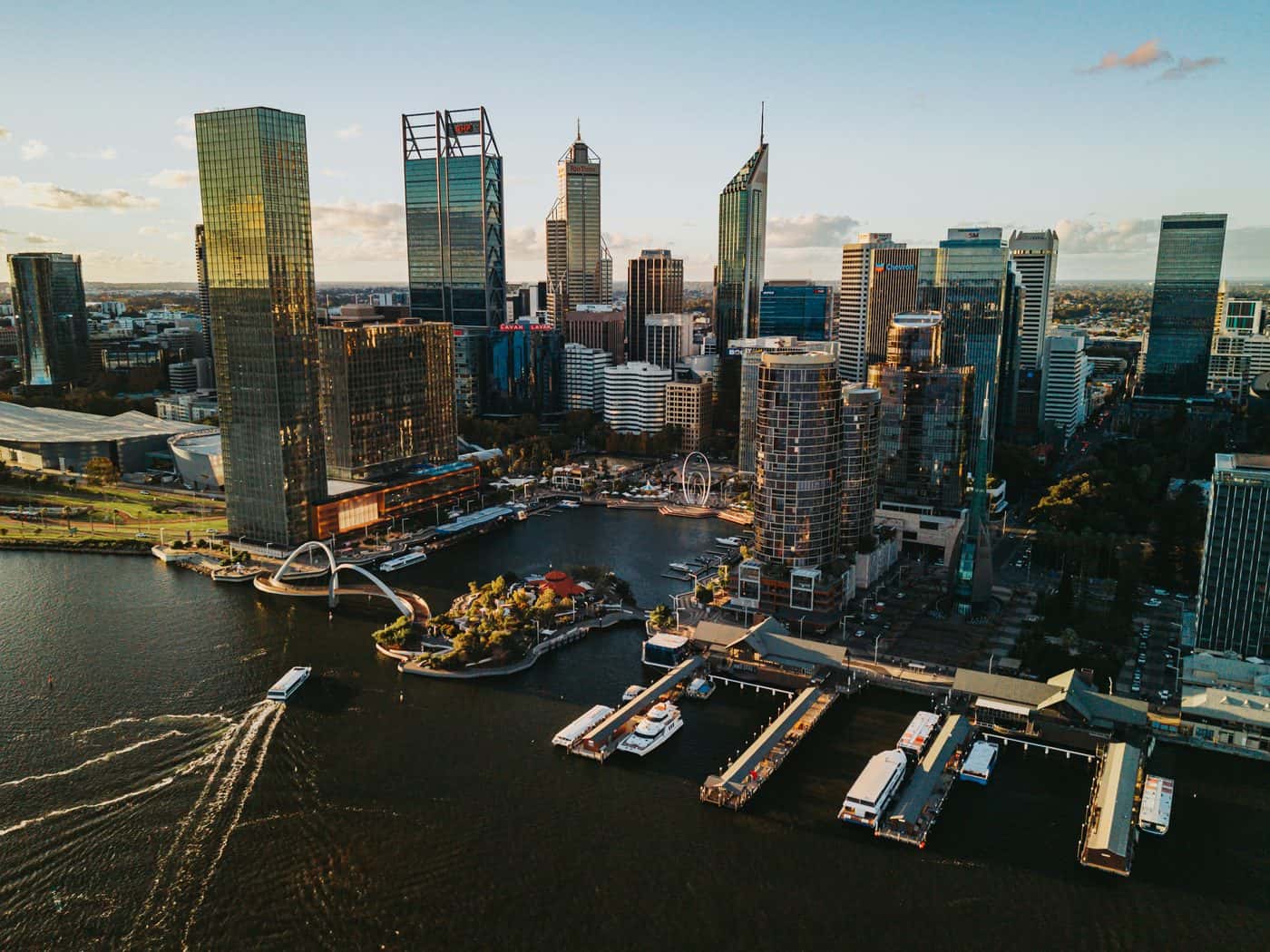 Elizabeth Quay and the Perth skyline across the Swan River at sunset